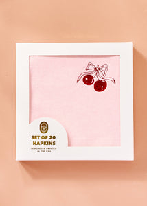 Red Cherries with Bow On Pink Napkin - Set of 20