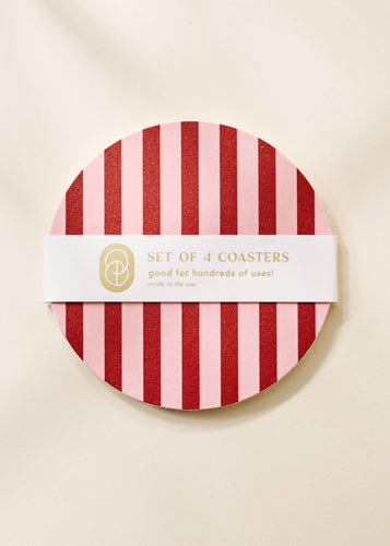 Pink & Maroon Striped Chipboard Coaster - Set of 4