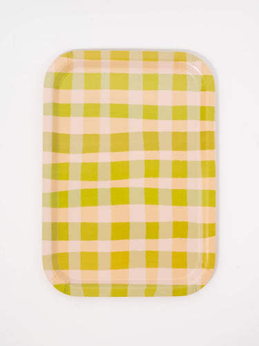 Green Gingham Bent Birch Serving Tray