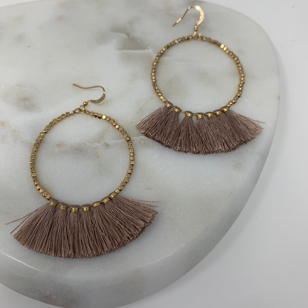Large Dusty Pink Fringe Hoop Earrings